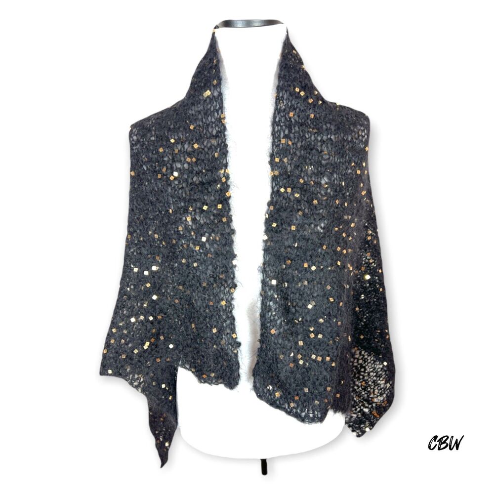 Womens Black Mohair Evening Wrap Shawl Gold Square Sequins Handknit